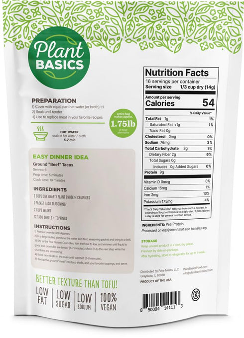Plant Basics Hearty Plant Protein, Unflavored Crumbles, 8 oz, Non-GMO, Gluten Free, Vegan Meat Substitute