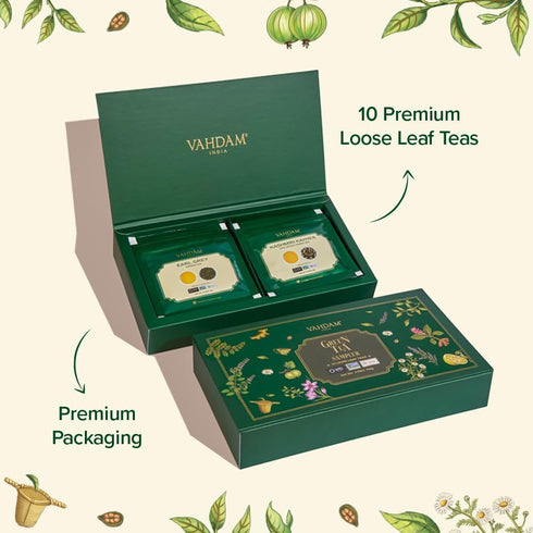 Set (10 Packed VAHDAM Assorted Green Tea Loose Leaf Tea Gift Flavors) | Loose Leaf Green Tea Collection | Includes