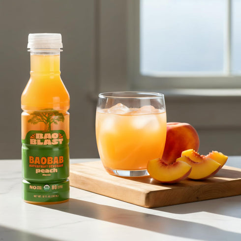 Immune 12 oz 6 BaoBlast Peach Baobab Drink Organic Baobab Fruit powder with peach, MonkFruit Sweetened Functional