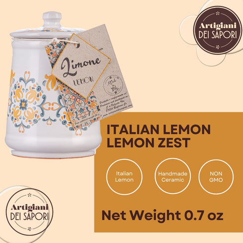 Italian Gifts Lemon Peel, Granules in Italian Handmade Ceramic Jar, Lemon Zest and Rind, Herb, Spice & Seasoning Gifts, ARTIGIANI DEI SAPORI, Product of Italy, (0.7 oz)