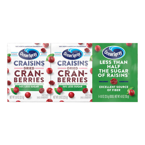 50% 0.8 Oz 6 Count (Pack 12) Ocean Spray Craisins, Less Sugar Dried Cranberries, Dried Fruit, Pouches