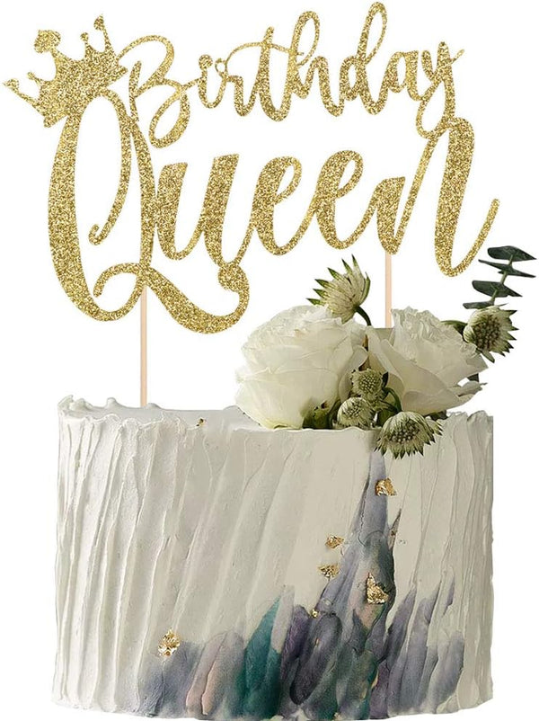 Handmade Glitter Queen Cake Topper, Happy Birthday Cake Bunting Decor, Party Decoration Supplies in Gold
