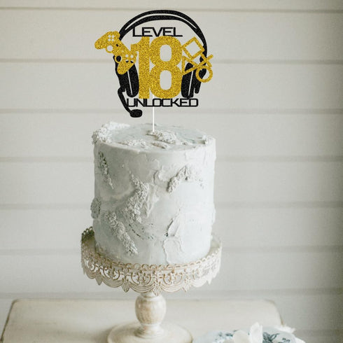 Level 18 Unlocked Cake Topper: Video Game Happy 18th Birthday Cake Decorations, Gold & Black Glitter