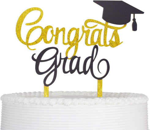 Congrats Grad Cake Topper - 2025 Graduation Party Decorations (Gold & Black)