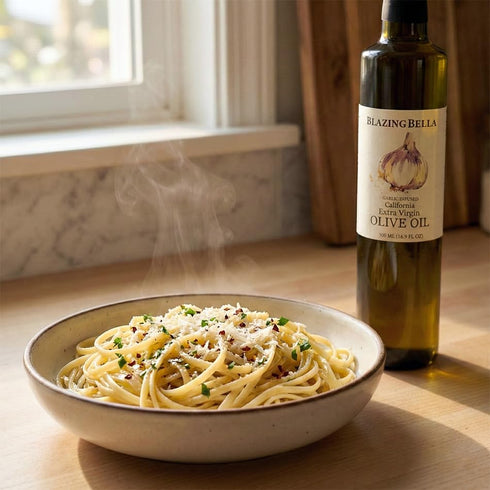 16.9 oz (500ml) Blazing Bella Garlic Infused Extra Virgin Olive Oil - Rich Fresh Garlic Flavor, Cold Pressed California
