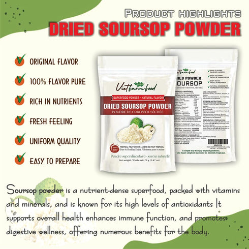 2.47 oz (70g) SOURSOP POWDER VIETFARMFOOD: Pure freeze-dried fruit powder, made from real fruit with no added sugar