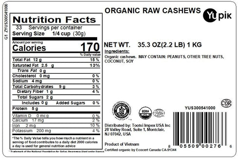 2.2 lb (35.2 oz), Yupik Organic Raw Cashews, Kosher, Gluten-Free, Non-GMO, Vegan, Whole Nuts, Unsalted, Unroasted