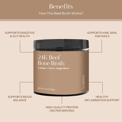 24K 10 7.8 Oz 100% Kroma Beef Bone Broth Powder - Servings Jar, Grass Fed Gluten Free Powder - Collagen-Rich High