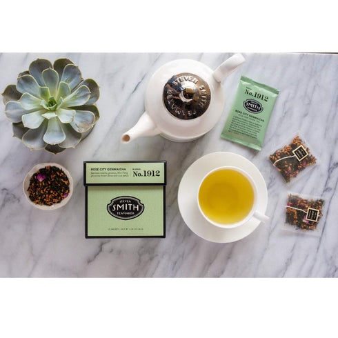 Smith Teamaker | Rose City Genmaicha No. 1912 - Sencha, Genmai, Mao Feng Green Tea & Rose Petals, 15 Sachets
