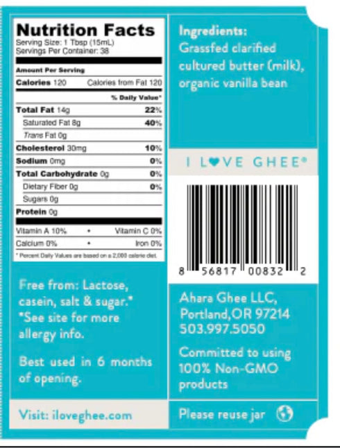 Ahara 10 oz Rasa Vanilla Dream Ghee Grass-Fed Clarified Butter with Real Vanilla