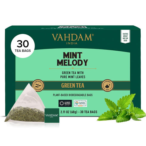 VAHDAM Mint Green Tea Bags (30 Count), 100% Pure Leaf Tea, High Grown, Low Caffeine, Non-GMO, Gluten-Free, Individually