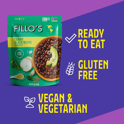 10 oz 6 Fillo's Cuban Black Beans - Ready to Eat Beans, Gluten-Free, Preservative-Free, Microwavable Meals, Non-GMO