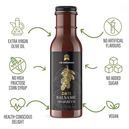 12 Oz CW Dressings - Award-Winning Date Balsamic Vinaigrette Marinade & Salad Dressing Made w/Deglet Nour Date Syrup