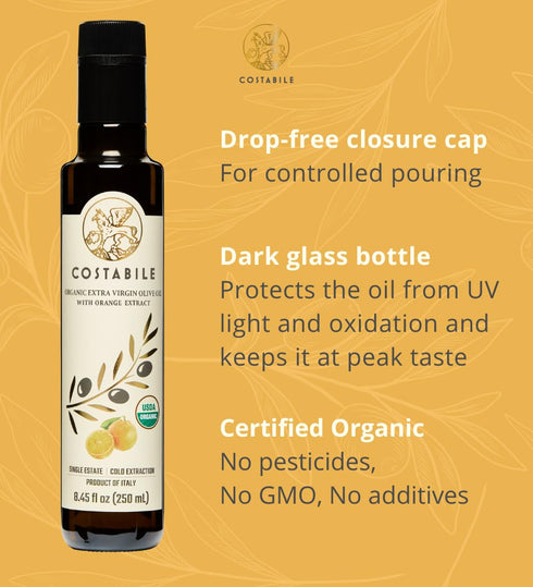8.45Fl.Oz Costabile Orange Infused Olive Oil, Extra Virgin Organic from Italy. Polyphenol rich olive oil flavored
