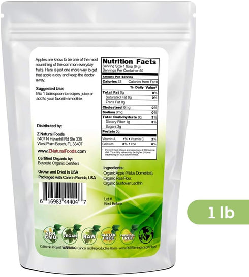 1 lb. Z Natural Foods Organic Apple Powder, Superfood Powder for Digestive Support and Energy Boost, Ideal for Juice