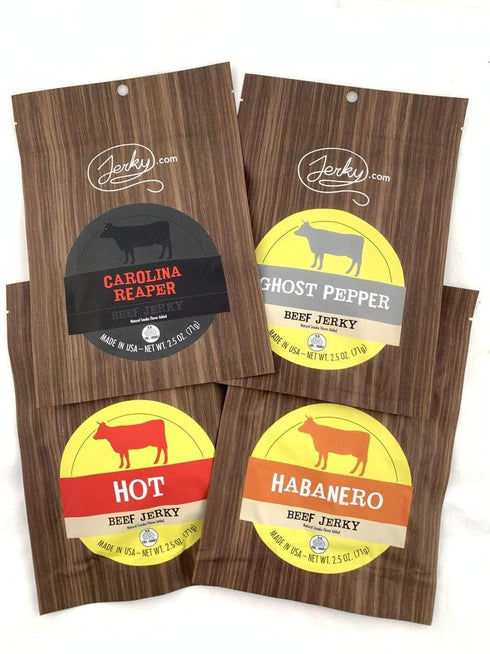 (4 2.5 oz. Jerky.com Hot Jerky Combo - Featuring Habanero, Classic Hot, Carolina Reaper, Ghost Pepper - Perfect