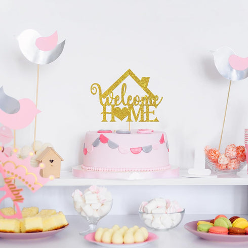 Gold Glitter Welcome Home Cake Topper - Home Party Decoration - Welcome Sign for New Home/New Baby/Retirement