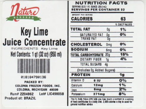 100% 1 (1/32 oz Nature Blessed Pure Key Lime Fruit Juice Concentrate - Quart fl bottle), Applications: Home Wine
