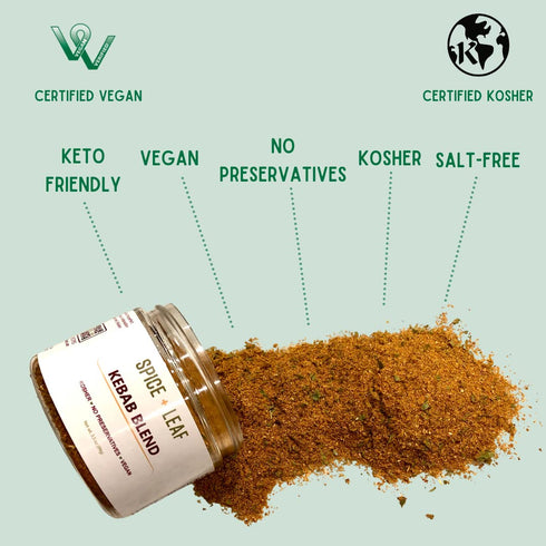 3.5 oz Premium Kebab Blend by Spice + Leaf, - Kosher, Vegan Preservative Free Spice. Vegetarian, Dairy Free and Salt