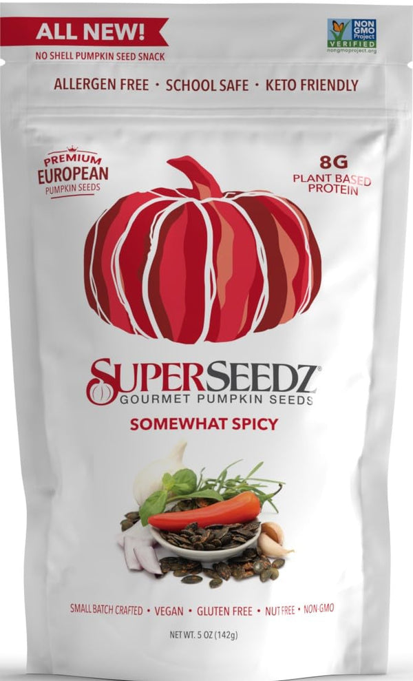 SuperSeedz Dry Roasted Pumpkin Seeds, Somewhat Spicy Pepitas, 5oz, Whole 30, Paleo, Vegan, Keto Snack