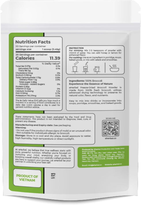 100% 2.43oz eHerbal Freeze-Dried Broccoli Powder Supergreen Food Non-GMO Rich in Nutrients Natural Herbal Flavoring