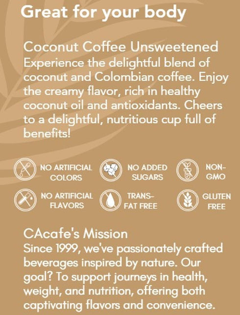 Packed 2-Pack CAcafe Coconut Coffee Unsweetened, Coconut Infused Colombian Coffee, No Added Sugar, Creamy Drink Mix