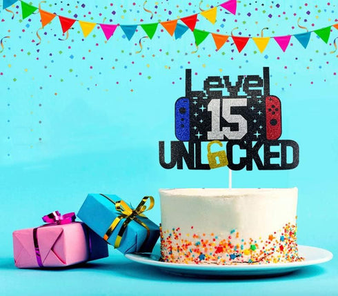 Happy 15th Birthday Video Game Cake Topper, Level 15 Unlocked Decoration for Kids Boys Girls Birthday Party