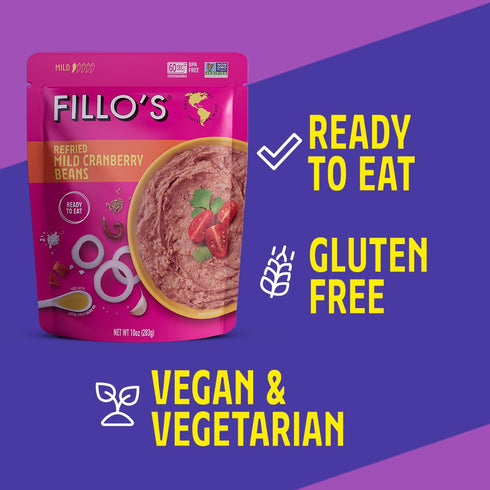 10 oz 6, Fillo's Refried Beans - Made with Roman Borlotti Beans aka Cranberry Beans, Ready to Eat, Pk of Gluten-Free