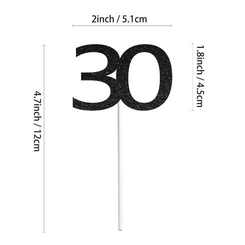 Sumerk 24PCS 30 Cupcake Toppers, Black Glitter 30th Birthday Cupcake Picks, Anniversary Party Decorations