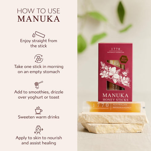 1770 83+ 30 15g, Naturally Australian MGO Manuka Honey Sticks x Organic Honey for Tea, Yogurt, & Travel Snacks
