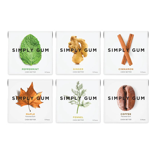 Simply Gum Variety Pack, Peppermint, Cinnamon, Ginger, Fennel, Maple, Coffee