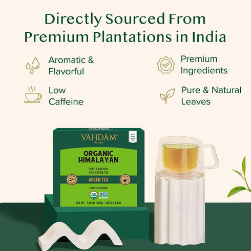 (100 Count) VAHDAM, Organic Himalayan Green Tea High Grown, Non GMO, Gluten Free, Low Caffeine | Earthy & Smooth |