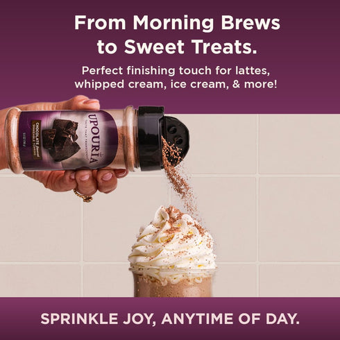 5.5oz Upouria Chocolate Flavored Shakable Topping, Finishing Sugar for Coffee, Lattes, Hot Chocolate, Desserts, Gourmet
