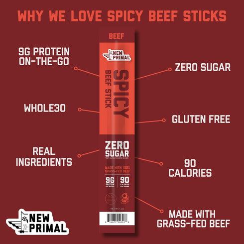 Whole30 9g 20 The New Primal Grass-Fed Spicy Beef Sticks, Keto, Gluten Free Healthy Snacks for Adults, Sugar Free Low
