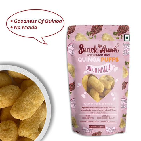 SnackAmor 100% 100% Pack 6 50 Pack Quinoa Puffs Flavors of Onion Masala Roasted & Healthy Snack No Maida Rich