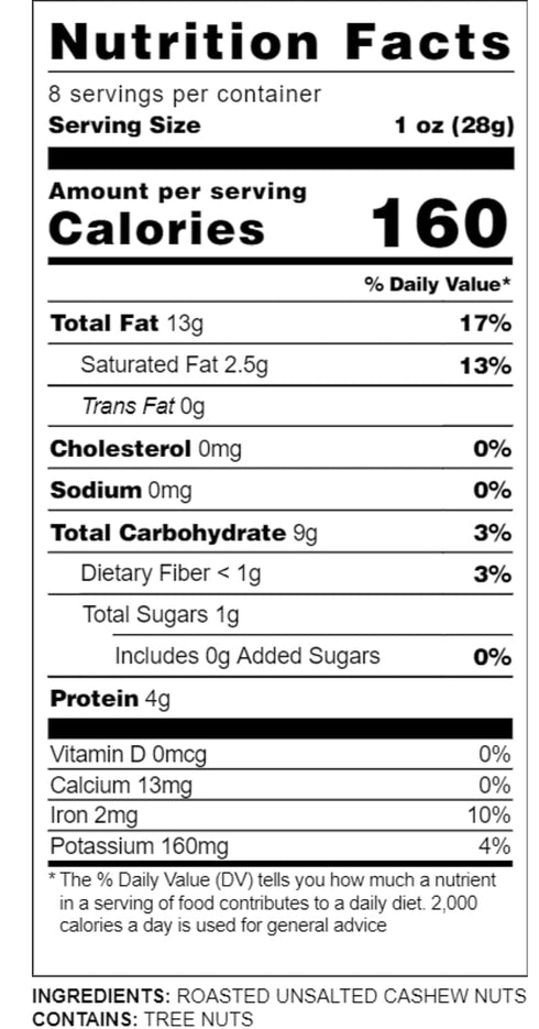 4oz Jumbo Whole Roasted Unsalted Cashews Nuts