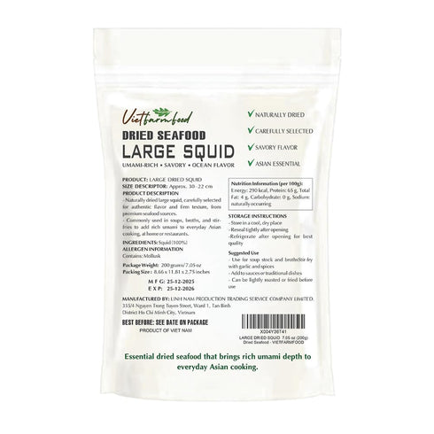 7.05 Oz (200g) LARGE DRIED SQUID VIETFARMFOOD: Savory Seafood Flavor Ready to Grill, Chewable Protein Snack