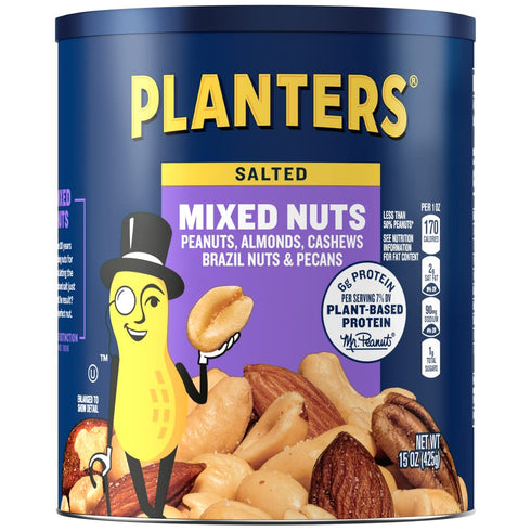 (15 oz 50% (Pack 2) Planters Mixed Nuts Canister) - Variety Mixed Nuts with Less Than Peanuts with Peanuts, Almonds