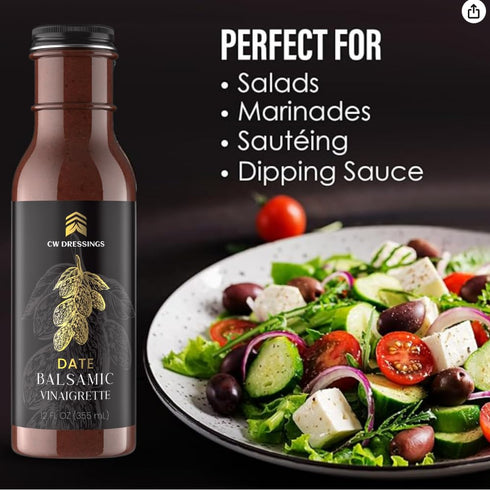 12 Oz CW Dressings - Award-Winning Date Balsamic Vinaigrette Marinade & Salad Dressing Made w/Deglet Nour Date Syrup