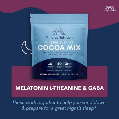 40 3mg, Mindful Evening Sugar Free Cocoa Mix Natural Sleep Aid, Servings, Melatonin L-Theanine, GABA Supplements