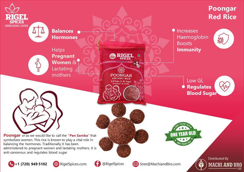 (4Lbs) 12+ Rigel Spices | Poongar Red Rice | Ladies special | GLUTEN FREE | AGED MONTHS | Ancient grain from India