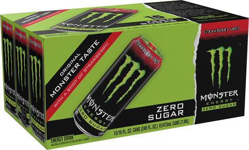 16 (Pack 15) Monster Energy Zero Sugar Strawberry Shot, Green, Original, Free Energy Drink, Ounce Can