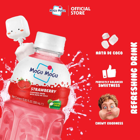 6 Pack 10.82 oz Mogu Mogu Strawberry Juice Drink with Nata de Coco (Coconut Jelly) Chewy Fruit Beverage for Kids