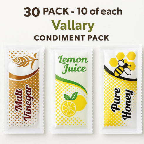 Vallary Pack 30 Count (10 Packets Honey, Lemon Juice & Malt Vinegar Variety Each) | Single Serve Condiment for Salads