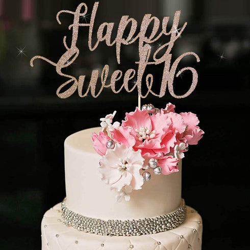 Happy Sweet 16 Cake Topper, Cheers to 16 Years, Rose Gold Decoration for 16th Birthday or Wedding Anniversary