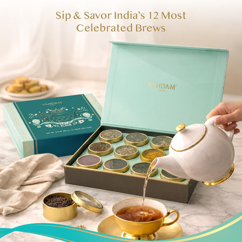 Set (12 Set VAHDAM, Bloom - Assorted Tea Gift Loose Leaf Tea) Tin Caddy Presentation Box | Gluten Free, Non GMO | Tea