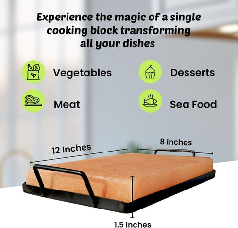 12x8x1.5 POHS Himalayan Salt Block Cooking Plate for Cooking, Grilling, Cutting and Serving, with Metal Tray & Recipe