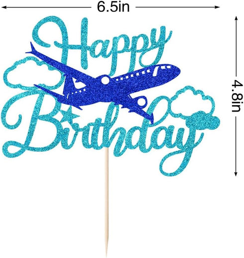 Glitter Airplane Happy Birthday Cake TopperAirplane Birthday Party Decorations,Adventure Awaits,Boys Girls Men Plane