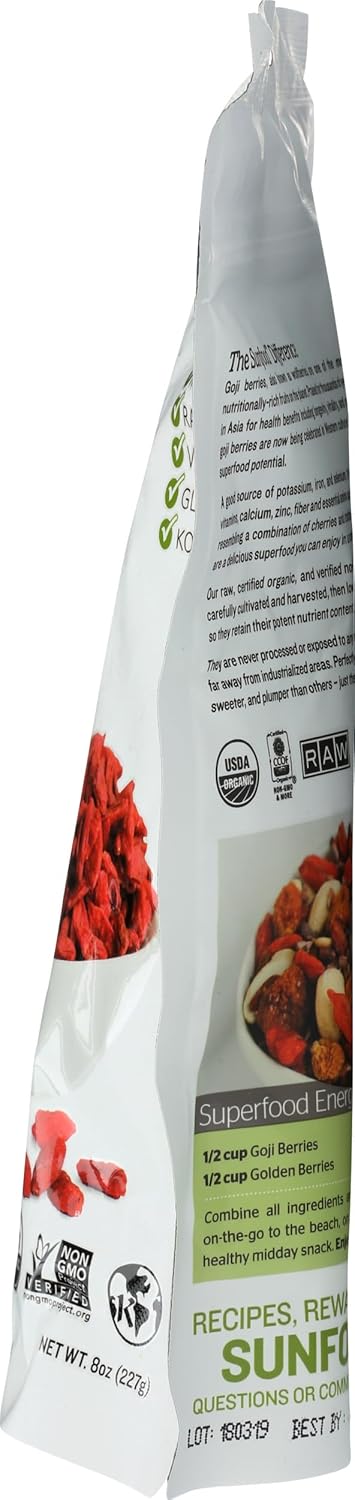 8 oz Sunfood Superfoods Raw Organic Goji Berries - Goji Berry, Sun Dried Wolfberry for Trail Mix, Snack, Smoothie