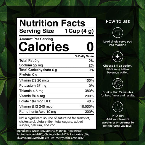 D3, Brewers,16 VitaCup Green Tea Pods, Enhance Energy & Detox with Matcha, Moringa, B Vitamins, Keto, Paleo, Vegan